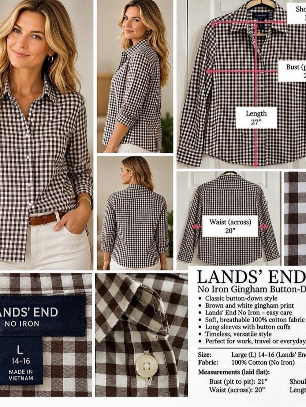 Lands' End No Iron Gingham Button-Down Shirt Gingham Brown/Blue #167